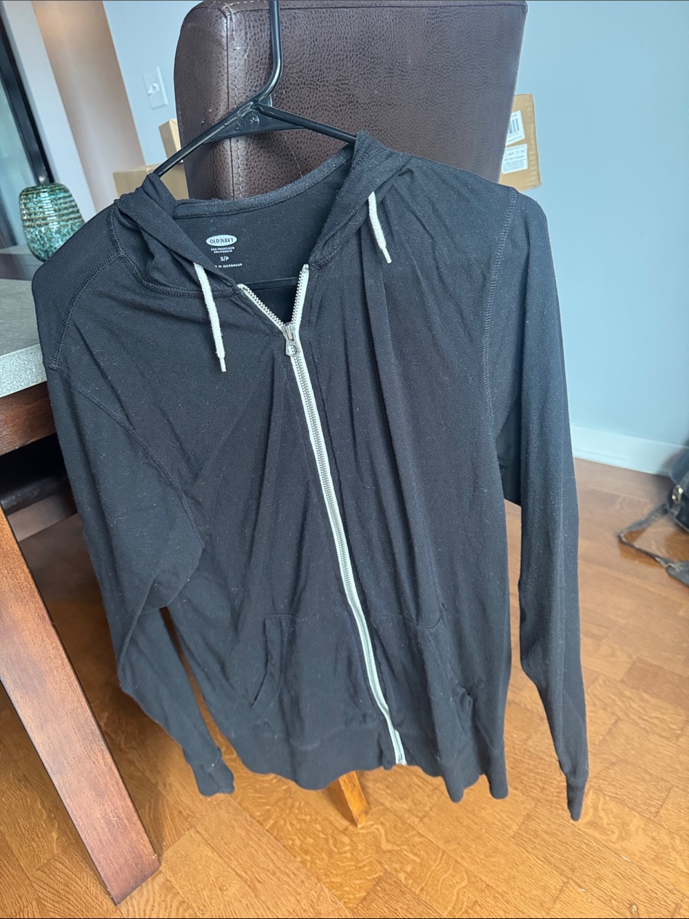 Old Navy Men's Black Zip-Up Hoodie with Contrast Drawstrings